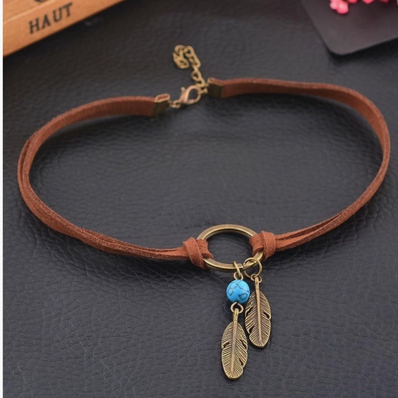 Brown Feather Choker Necklace with Turquoise Accent - Picture 2 of 3